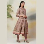 MOUSE GREY COTTON ANARKALI KURTA CHURIDAR SUIT SET