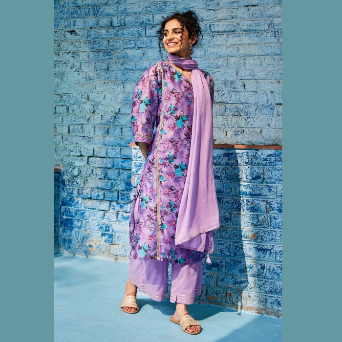 PINK & PURPLE COTTON BLEND KALIDAR KURTA PALAZZO SUIT SET