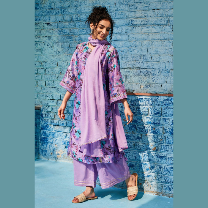 PINK & PURPLE COTTON BLEND KALIDAR KURTA PALAZZO SUIT SET