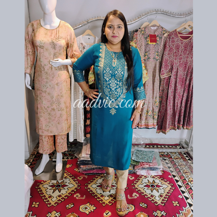 Peackok Blue Foil Print Cotton Kurta