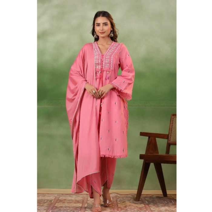 Pink Cotton Kurta Tulip Pant with Dupatta