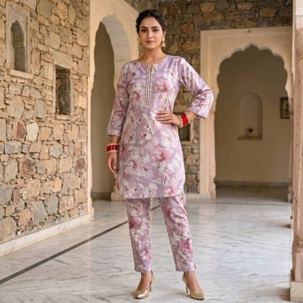 Pure Cotton Digital Print Coord Set Onion Pink with Handwork for Women