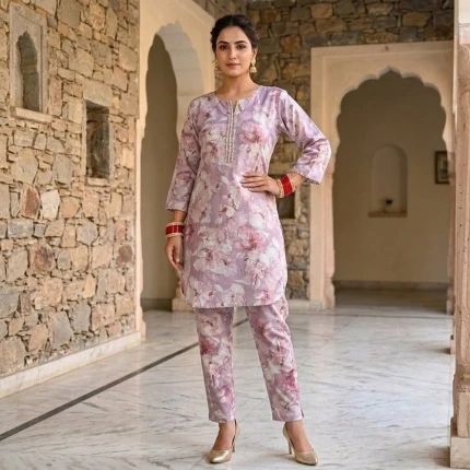 Pure Cotton Digital Print Coord Set Onion Pink with Handwork for Women