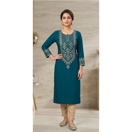 Peacock Blue Foil Print Cotton Kurta for Women