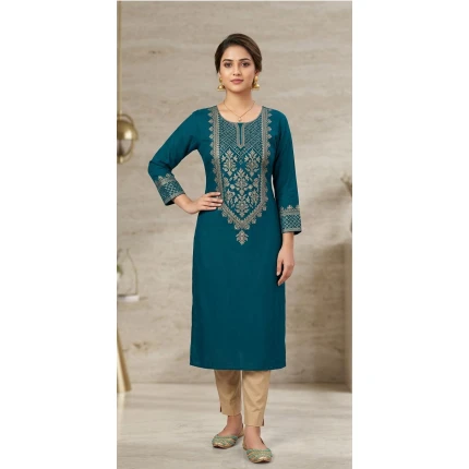 Peacock Blue Foil Print Cotton Kurta for Women