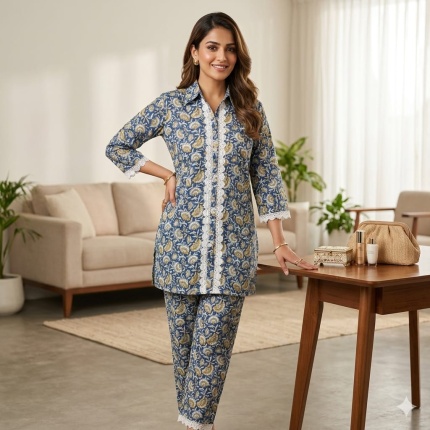 Pure Cotton Blue Colour Suit with Pant 2 Pcs Set for Women