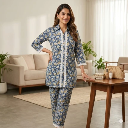 Pure Cotton Blue Colour Suit with Pant 2 Pcs Set for Women