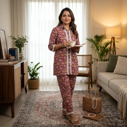 Pure Cotton Maroon Colour Suit with Pant 2 Pcs Set for Women