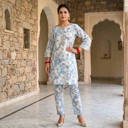 Pure Cotton Digital Print Coord Set with Handwork on Neckline