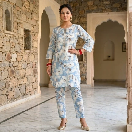 Pure Cotton Digital Print Coord Set with Handwork on Neckline