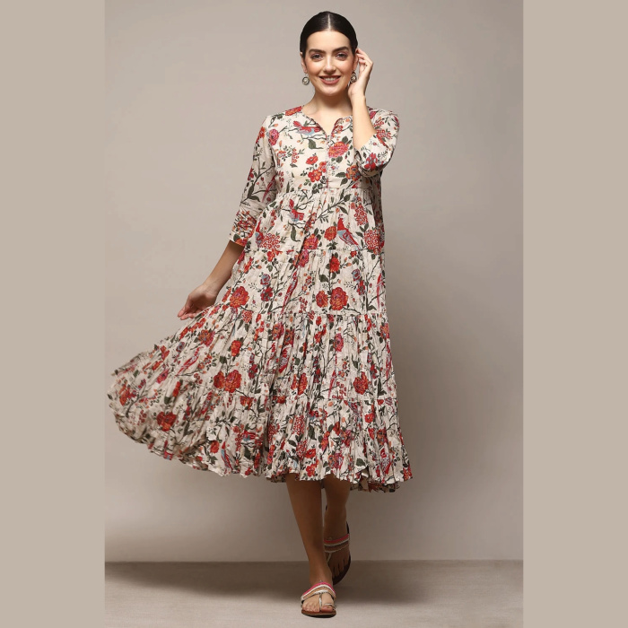 OFF WHITE COTTON FLARED Multicolour Floral PRINTED DRESS