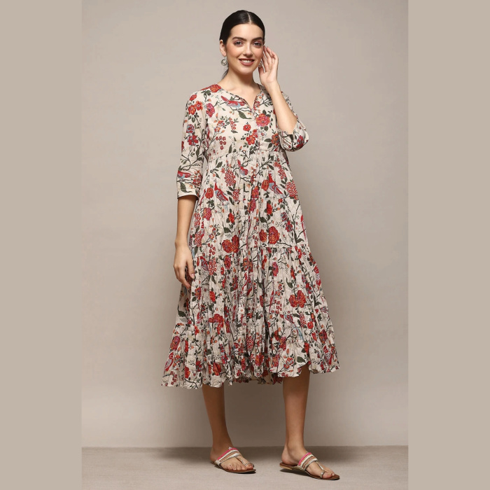 OFF WHITE COTTON FLARED Multicolour Floral PRINTED DRESS