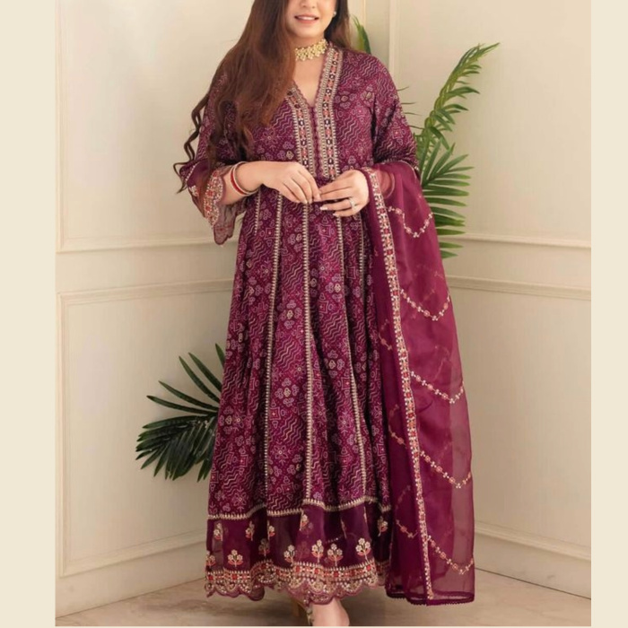 Wine Anarkali Suit Set