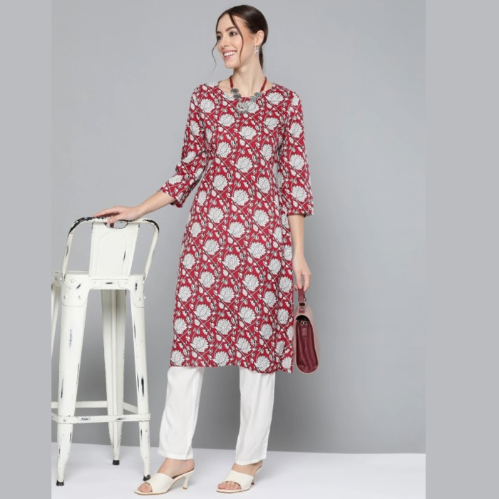 Women Red & White Ethnic Motifs Print Kurta with Trousers