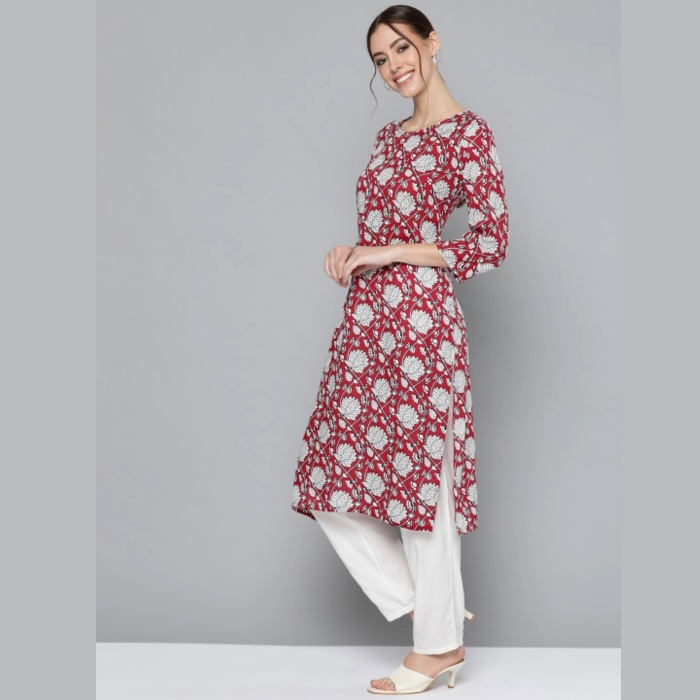 Women Red & White Ethnic Motifs Print Kurta with Trousers