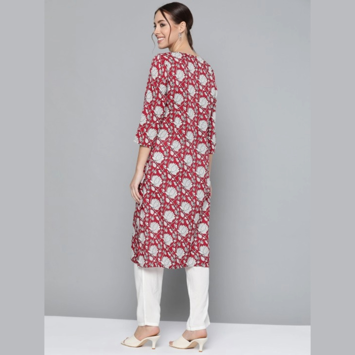 Women Red & White Ethnic Motifs Print Kurta with Trousers