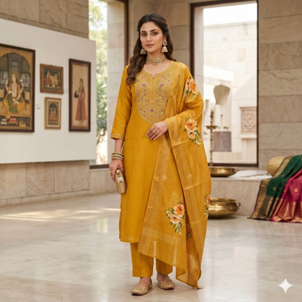 Women-Mustard-Colour-Partywear-Suit