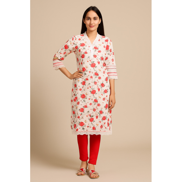 Women Lace Detail Floral Regular Pure Cotton Kurta