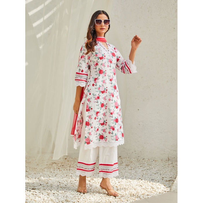 Women Lace Detail Floral Regular Pure Cotton Kurta with Palazzos & Dupatta