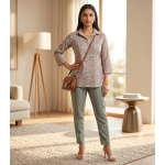 Women’s Printed Cotton Co-ord Set with Collared Top and Tapered Pants