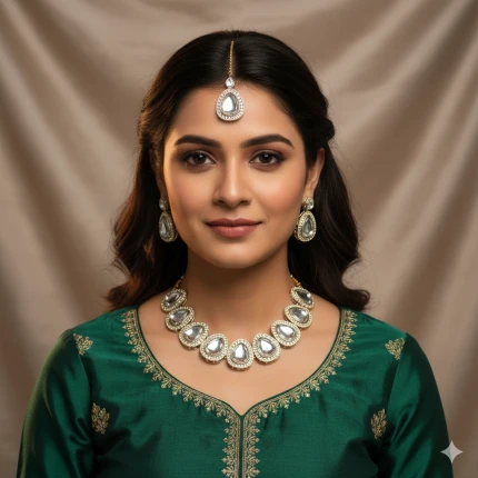 Uncut Polki Kundan necklace set with matching earrings and maang tikka for women and girls, traditional Indian jewelry, bridal party wear