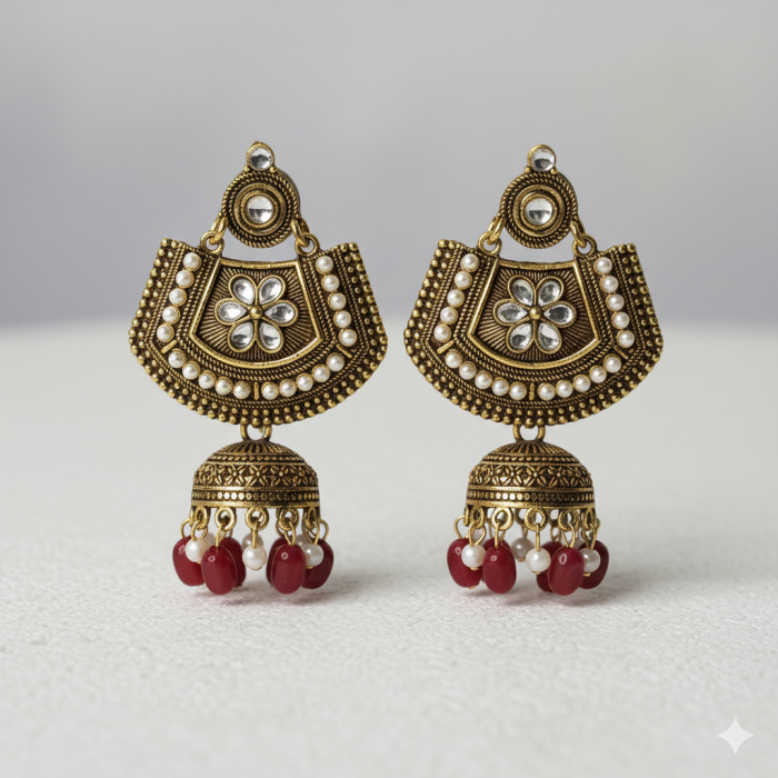 Meenakari & Kundan Pearls Floral Large Ethnic Drop Jhumka Earrings