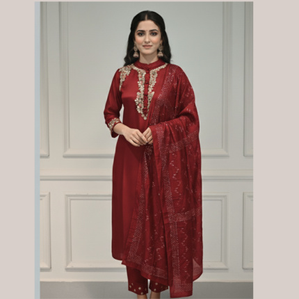 Red Dola Silk Partywear Suit with Handwork for Women – Aadvic