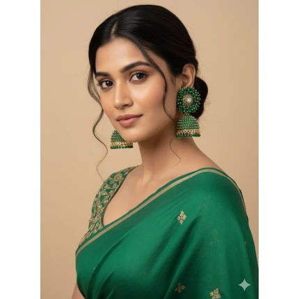 Green Jhumka Earrings for Women & Girls – Traditional Imitation Jewellery