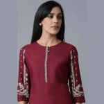 Closeup of Maroon Straight Kurta with Cream Pants
