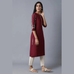 Side View of Maroon Straight Kurta with Cream Pants