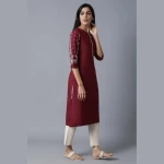 Side View of Maroon Straight Kurta with Cream Pants