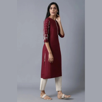 Side View of Maroon Straight Kurta with Cream Pants