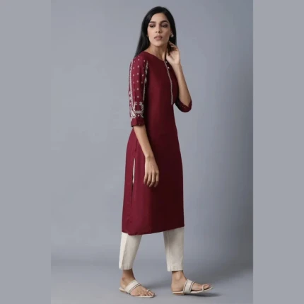 Side View of Maroon Straight Kurta with Cream Pants