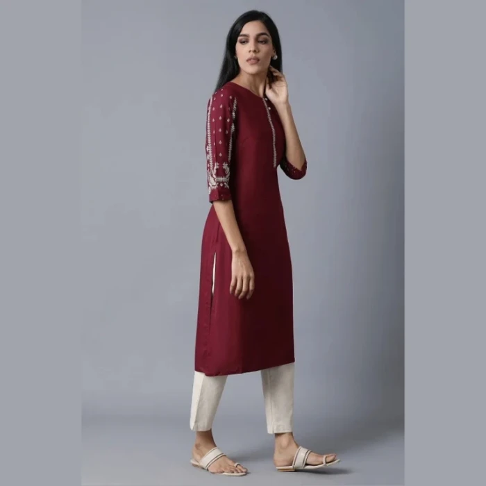 Side View of Maroon Straight Kurta with Cream Pants