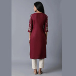 Back View of Maroon Straight Kurta Set with Cream Pants