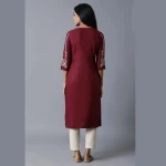 Back View of Maroon Straight Kurta Set with Cream Pants