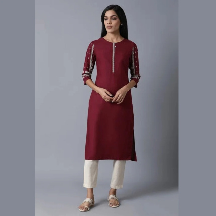 Maroon Straight Kurta Set with Cream Pants – Front View