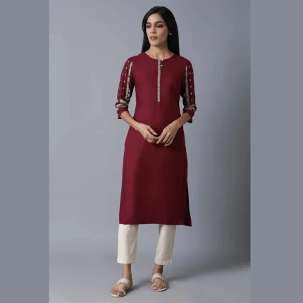Maroon Straight Kurta Set with Cream Pants – Front View