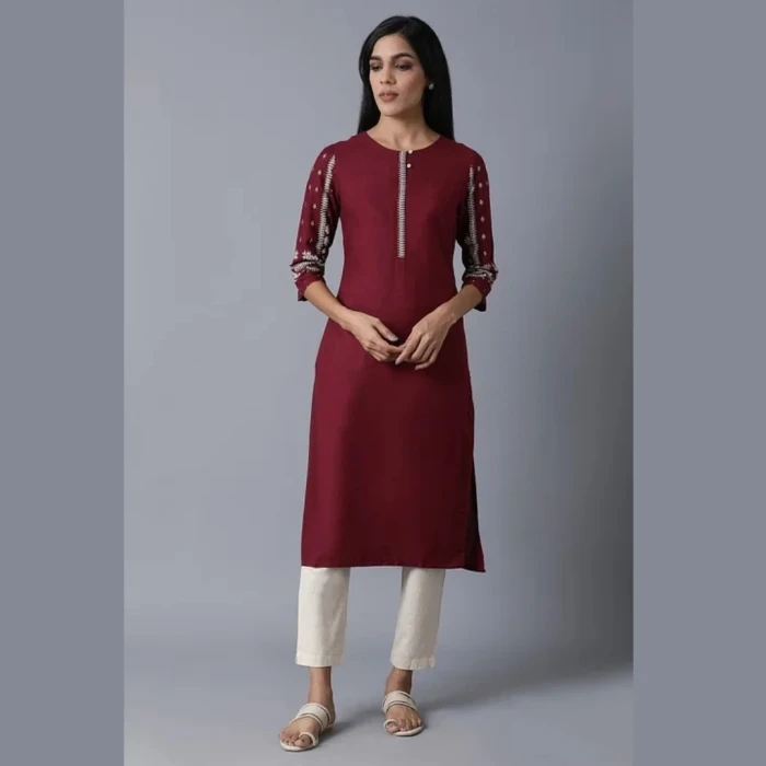 Maroon Straight Kurta Set with Cream Pants – Front View