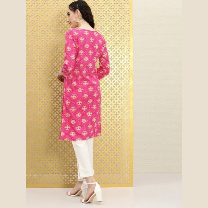 Back View of Pink Printed Kurta Set with White Pants
