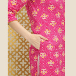 Closeup of Pink Printed Kurta with White Pants