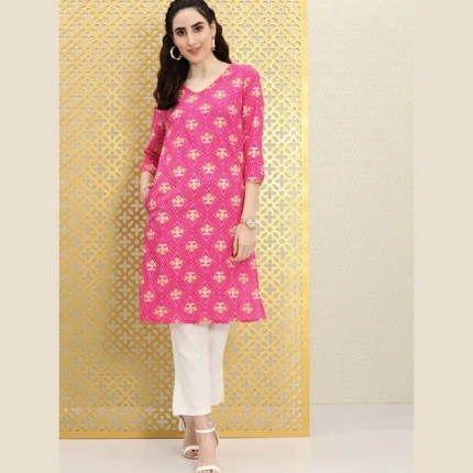 Pink Printed Kurta Set with White Pants – Front View