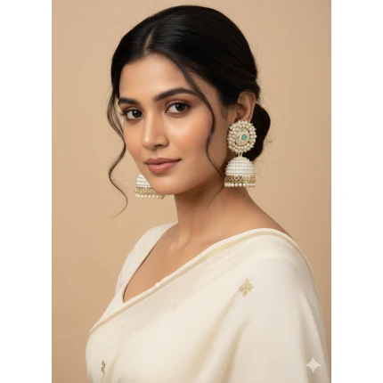 White Jhumka Earrings for Women & Girls – Traditional Imitation Jewellery