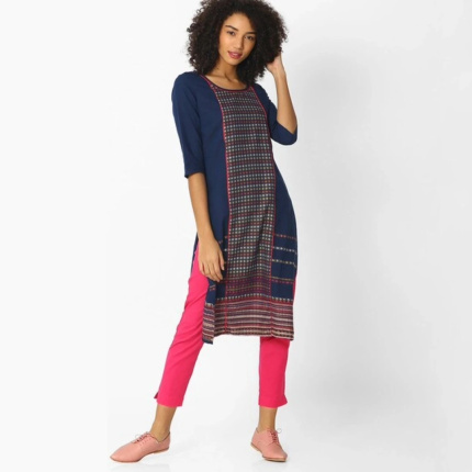 Women’s Navy Blue Printed Kurta with Pink Pants