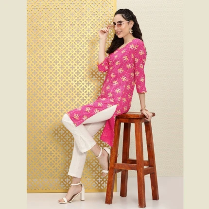 Side View of Pink Printed Kurta with White Pants