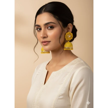 Yellow Jhumka Earrings for Women & Girls – Traditional Imitation Jewellery