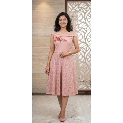 Dusty Pink Off Shoulder Floral Embroidered Midi Tunic Dress