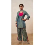 Most Trending Shimmer Mirror Work Designer Divider Contrast Dupatta Straight Kurti Set