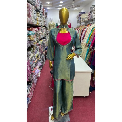 Shimmer Kurti Set with Designer Divider and Contrast Dupatta