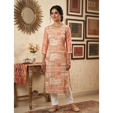 Pure Cotton Peach Colour Printed Kurti